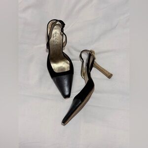 Gucci Black Pointed Toe Slingback Heels with Gold Insole